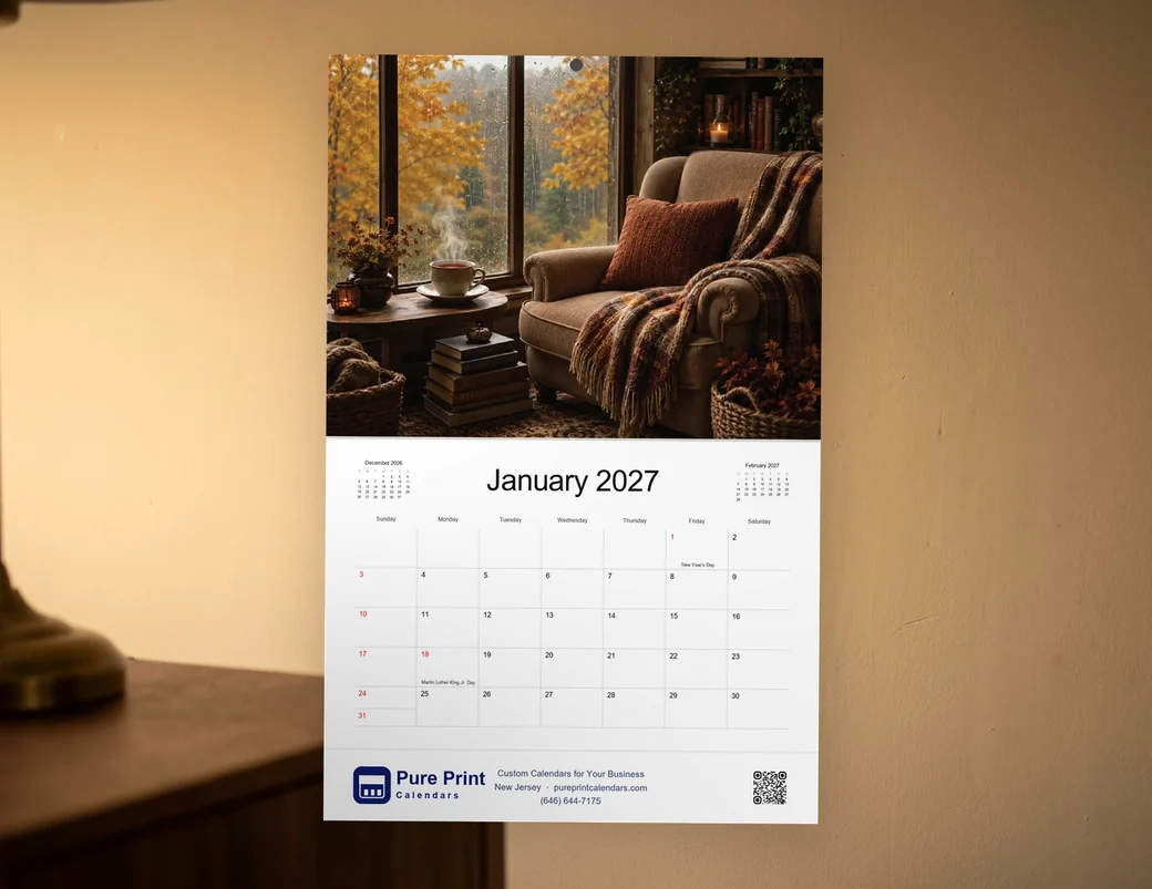 A Cozy Days 2027 calendar hanging on a wall, open to January