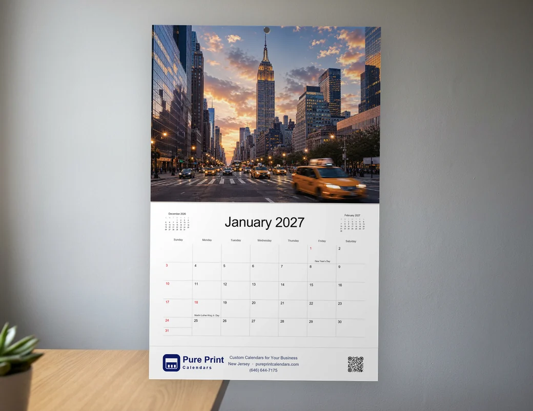 A New York 2027 calendar hanging on an office wall, open to January